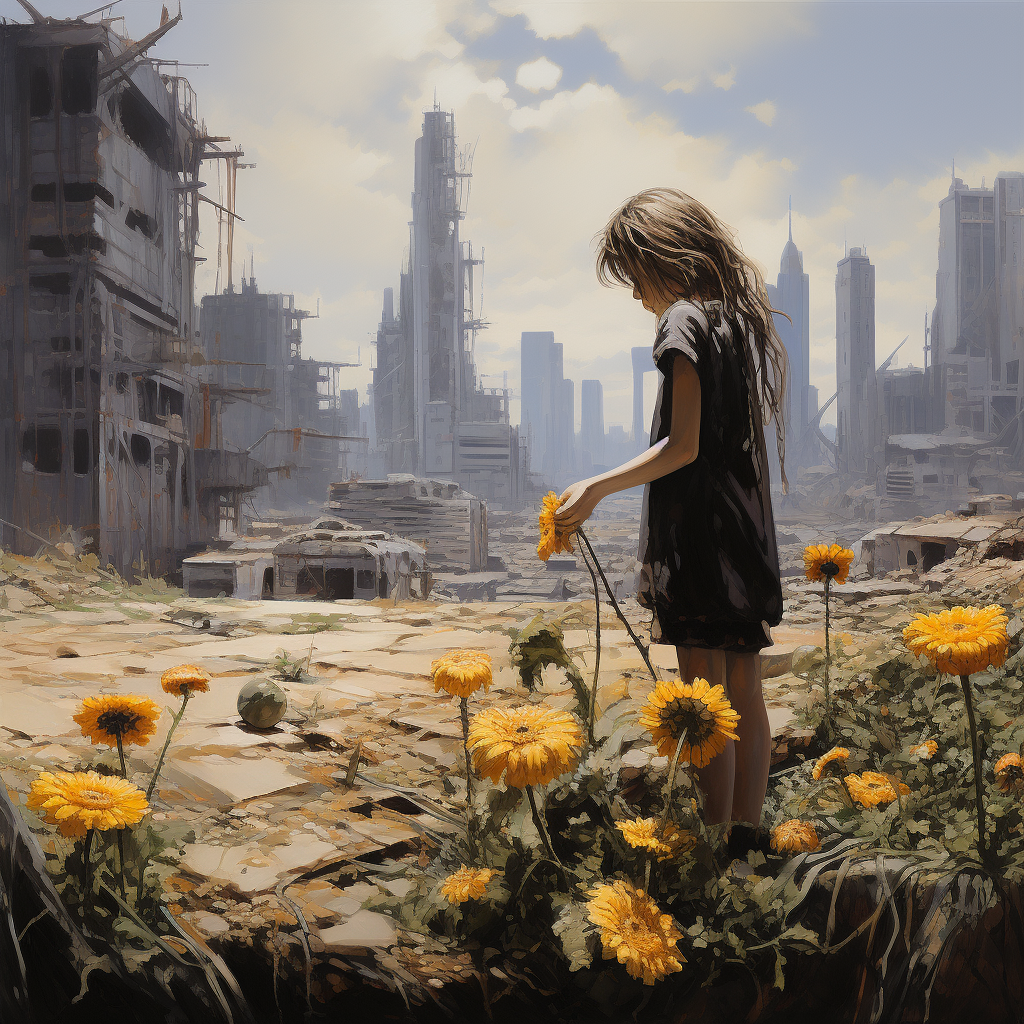 Young girl picking flowers in apocalyptic scenery