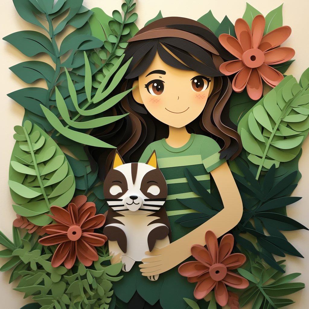 Girl hugging her purring cat among potted plants