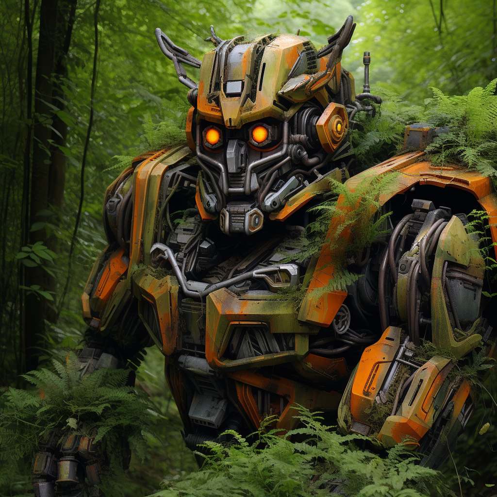 Green and Orange 3D Transformer in a Forest River