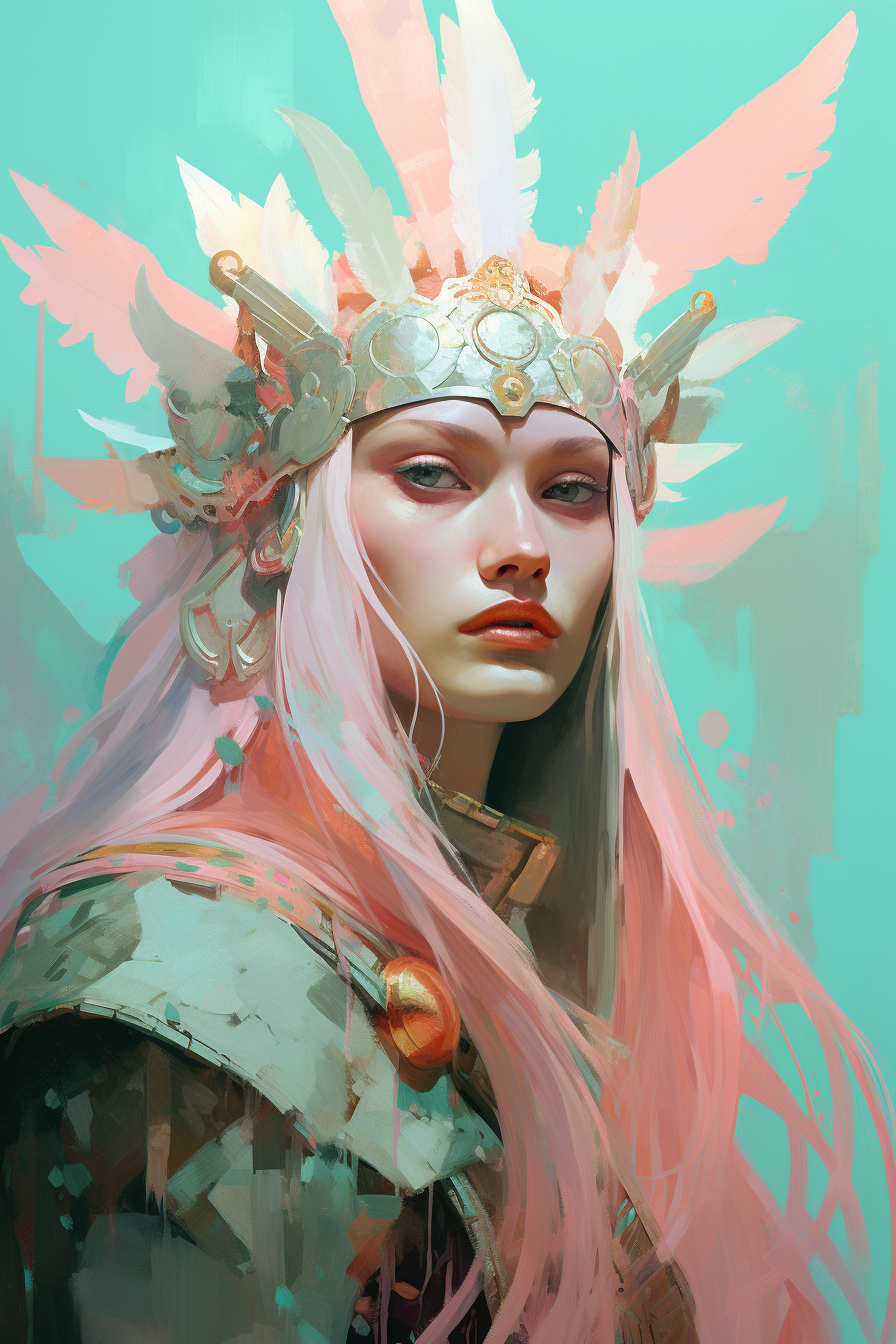 Beautiful gentle warrior with pastel pink and green tones