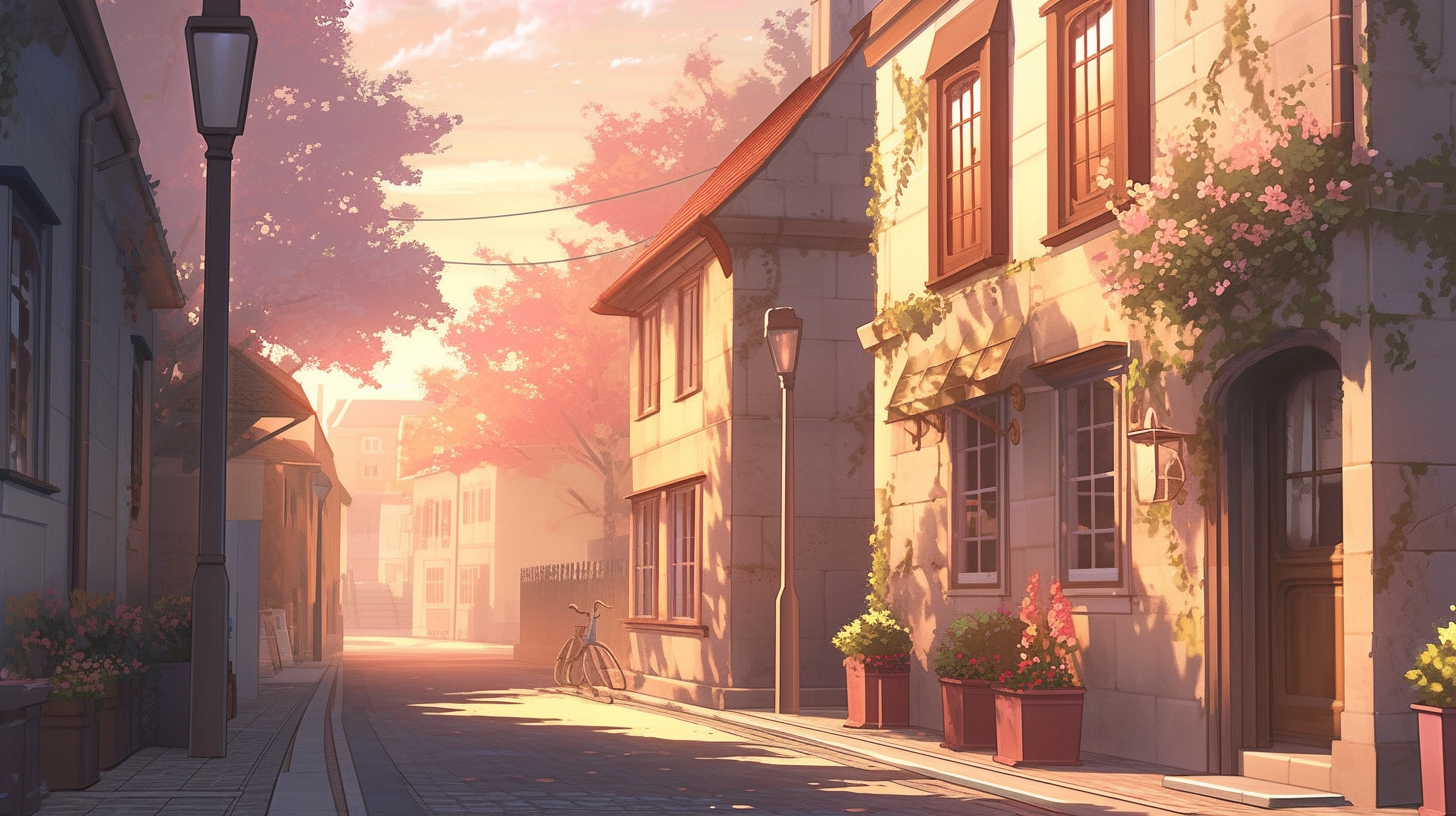 Anime-style illustration of A-Ming walking on a quaint town street at sunset