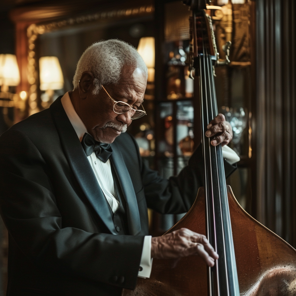 Older gentleman playing bass in luxury bar