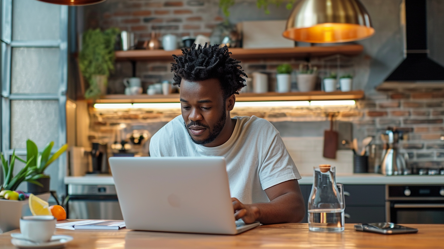 Gentleman working on Acer laptop at kitchen table