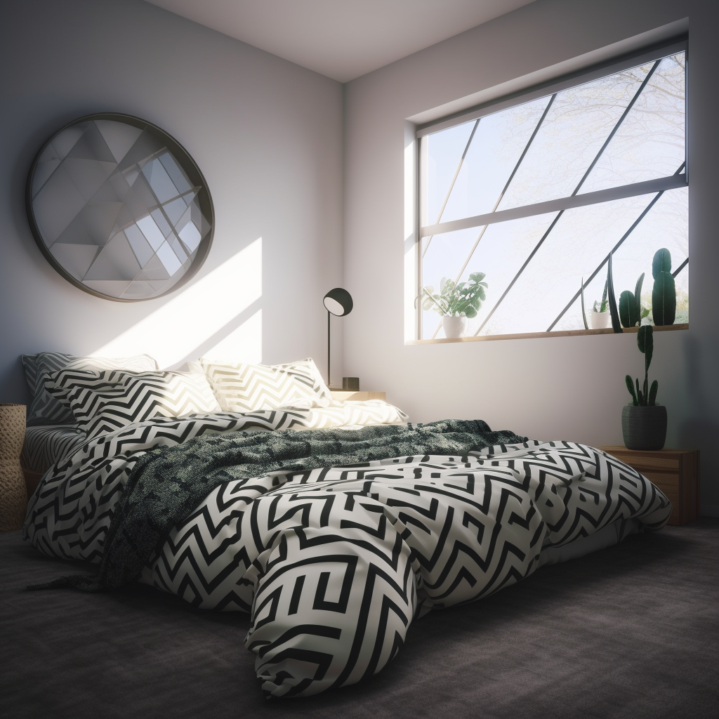 Minimalistic bedroom with geometric patterns