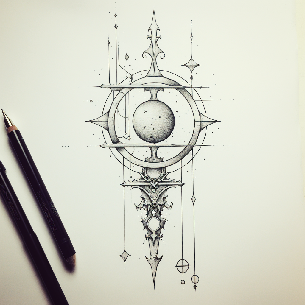 Geometric fine line tattoo sketch with sword and moon