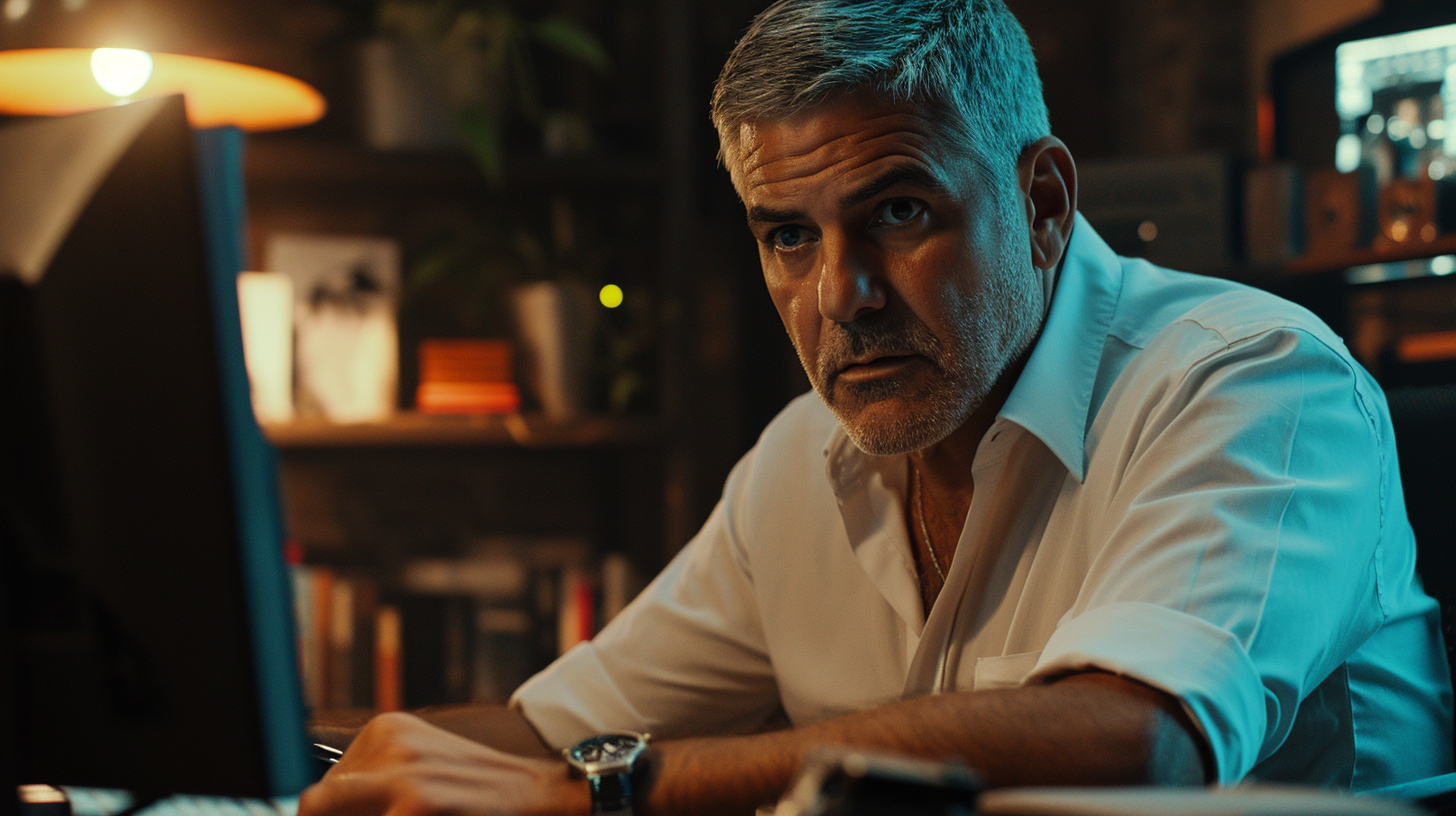 George Clooney hacking with gun on table