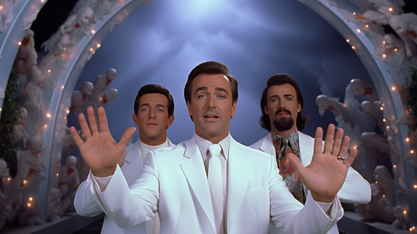 George Michael, Paul Reubens, and Jim Nabors holding hands in Heaven