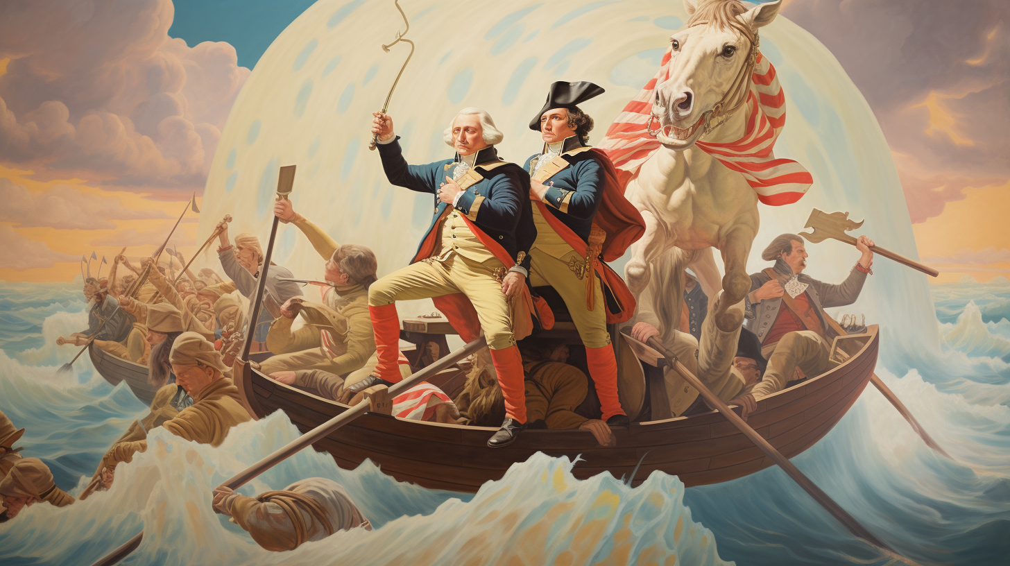 Anthropomorphic toad portrays George Washington crossing the Delaware River