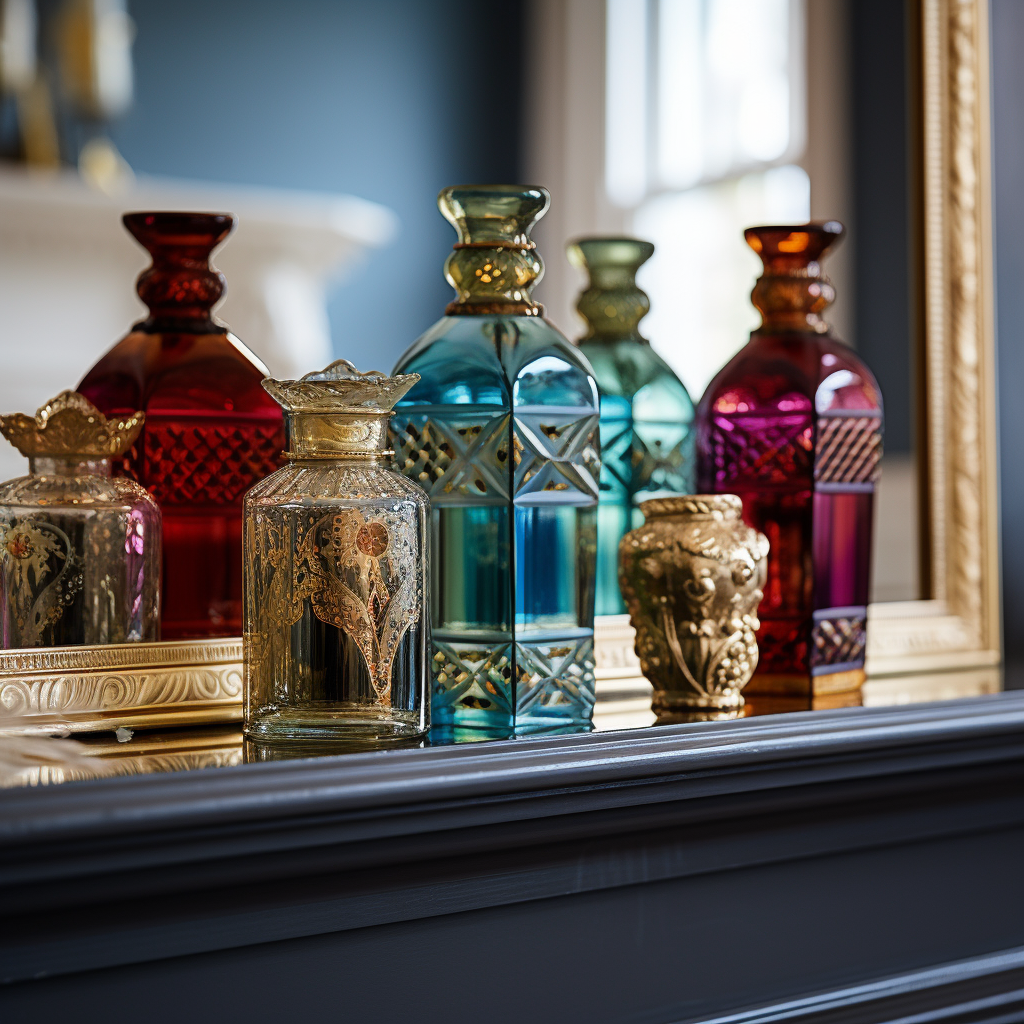 Close-up of Colorful Glass Bottles on Georgian Mantle Piece