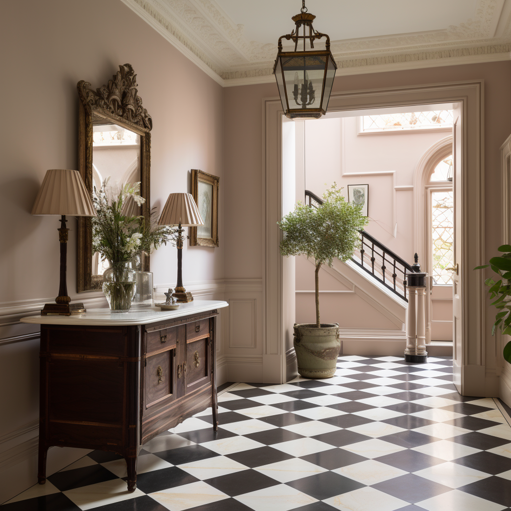 Entrance hall with checkered tiles and contemporary chandelier