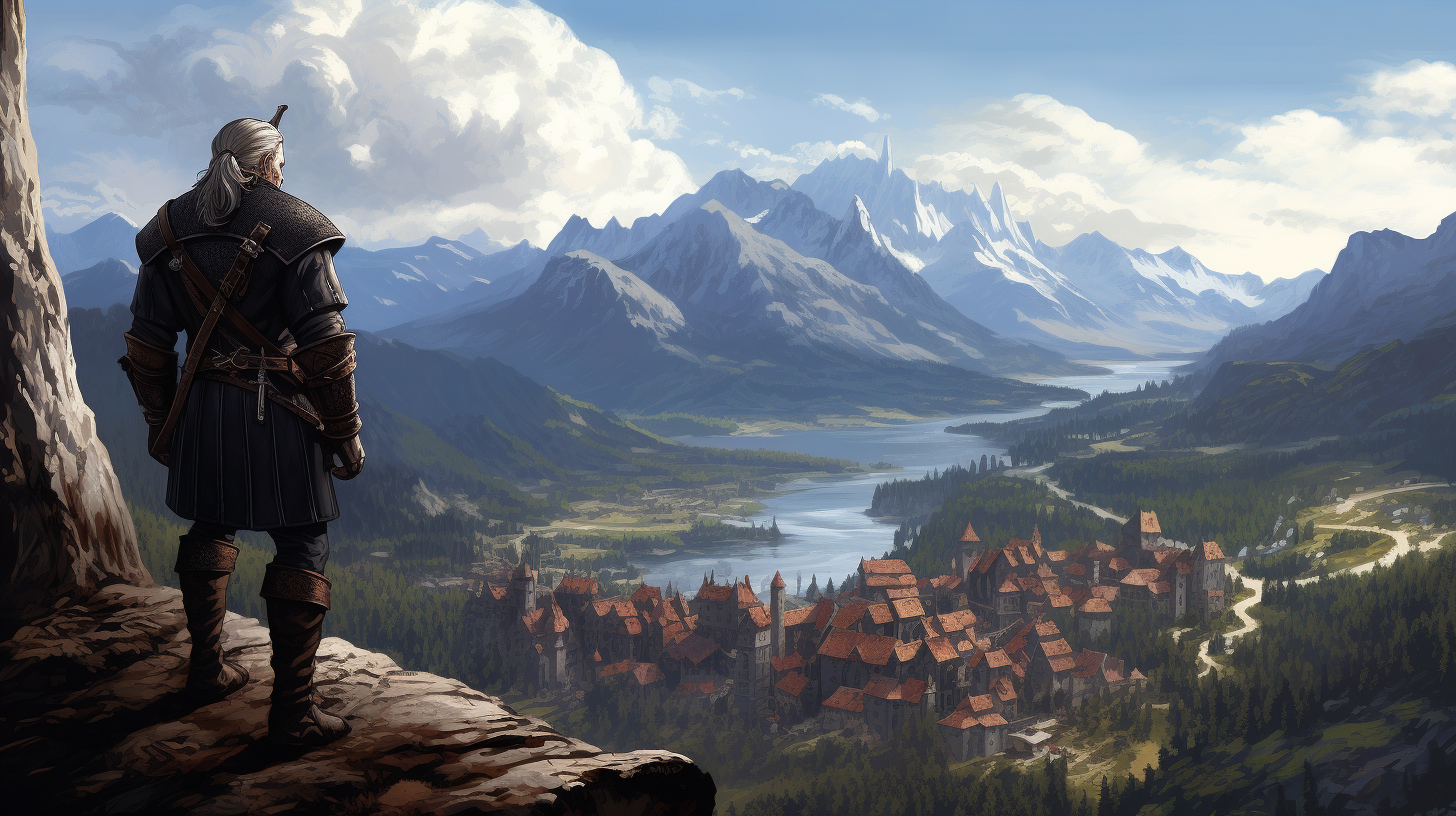 Geralt from The Witcher 3 overlooking mountains