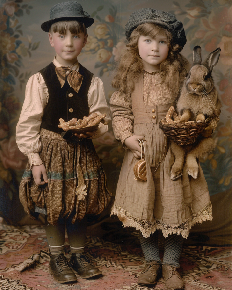 Two German children with rabbit and pretzels