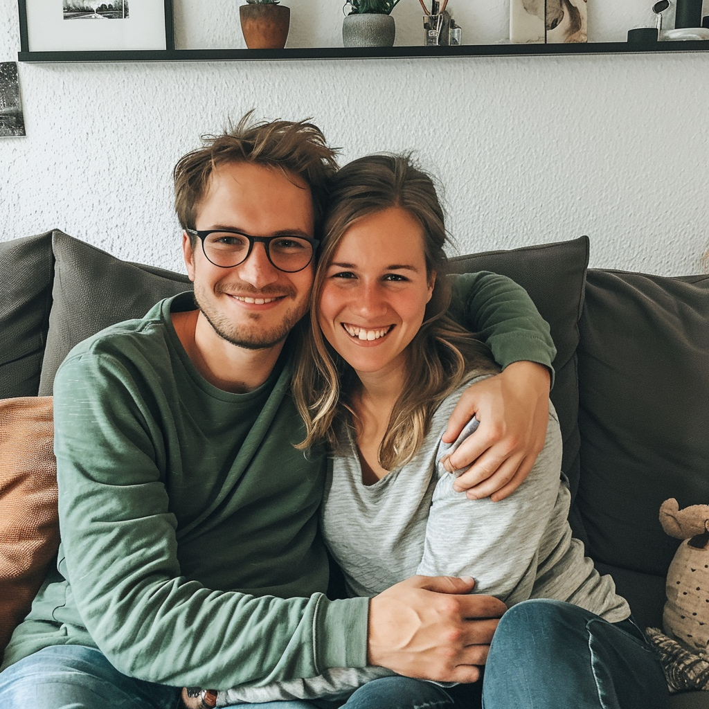 German couple cuddling on couch