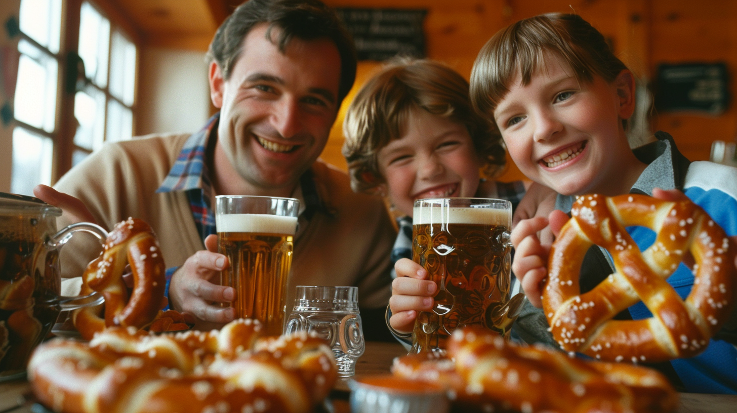 German family enjoying brezels and beer