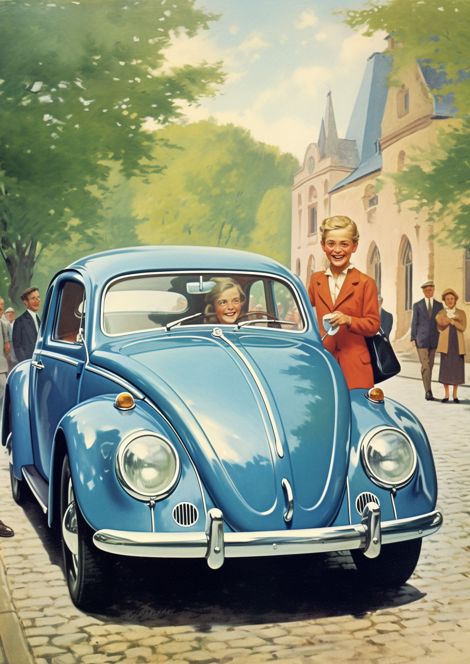 Happy German couple with blue Volkswagen Beetle