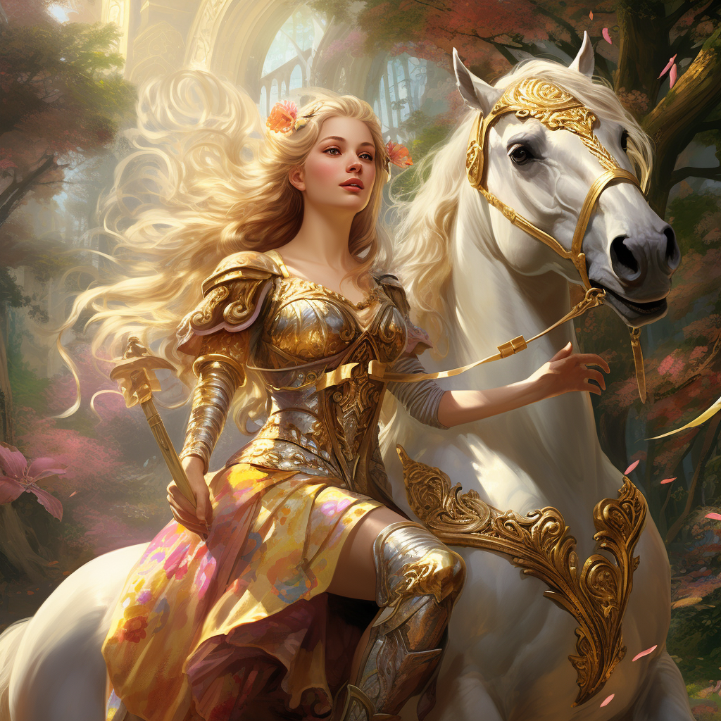 German maiden riding unicorn with golden retriever