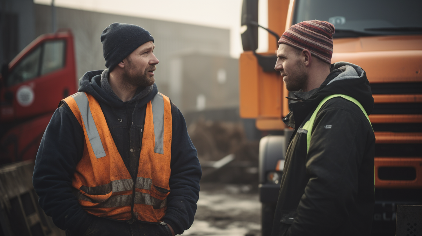 German men speaking at construction site with truck nearby