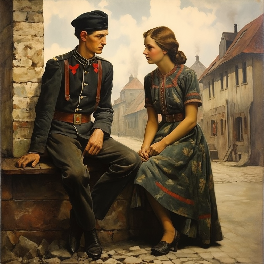 German Painting of Beautiful Polish Town with Young Woman and Soldier