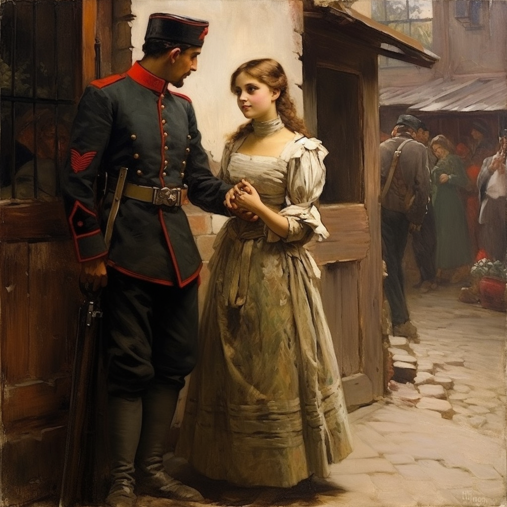 German painting of Polish town with young woman and soldier