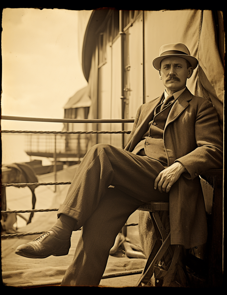 Sepia portrait of German passenger on promenade deck