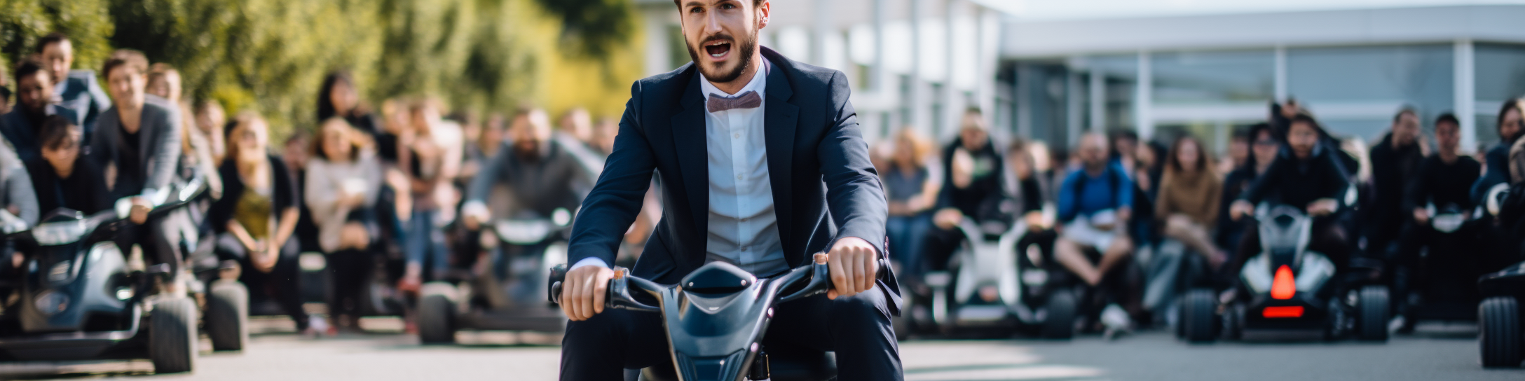 Young German professor challenging students to go-kart race