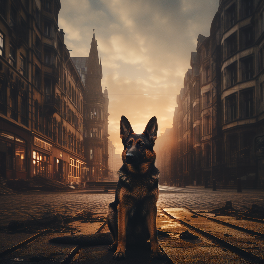 German Shepard exploring empty city