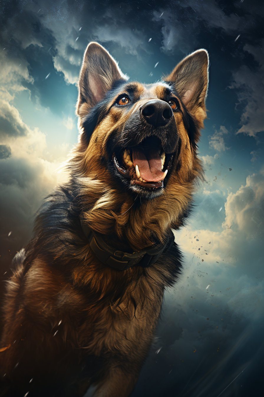 Happy German Shepard flying in the night