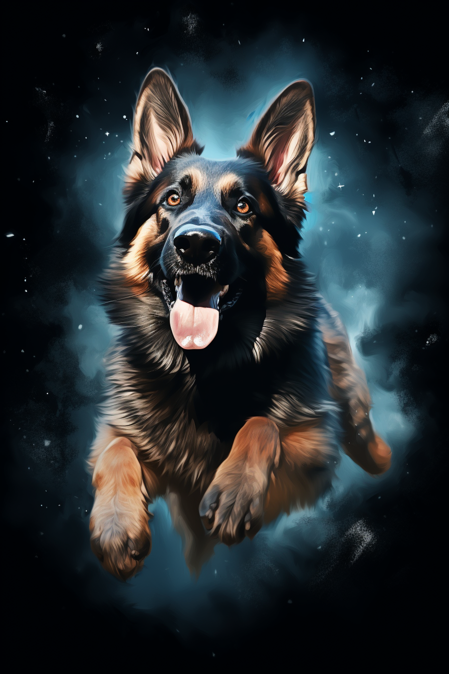 Happy German Shepard flying under the full moon