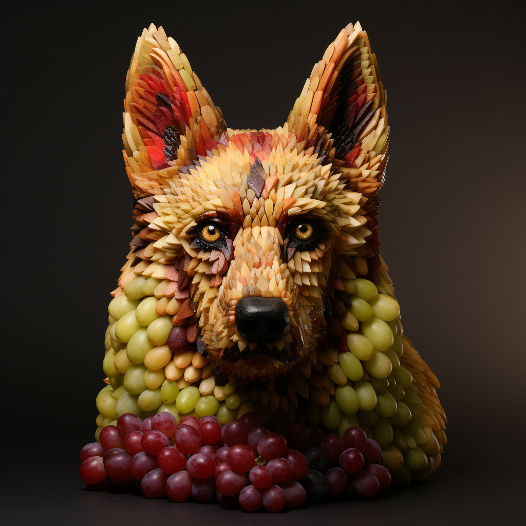 German Shepard fruit sculpture in shape of a dog's head