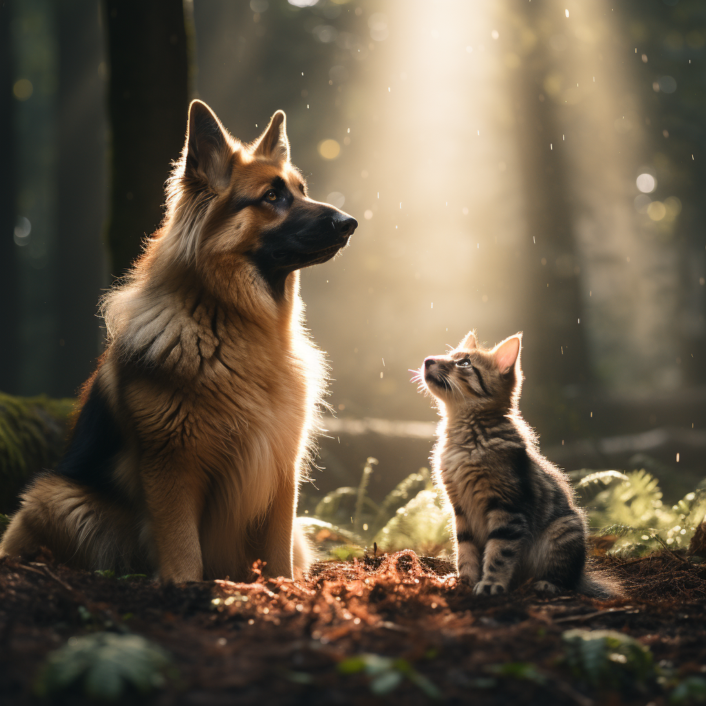 German Shepherd and Cat Playing in Forest