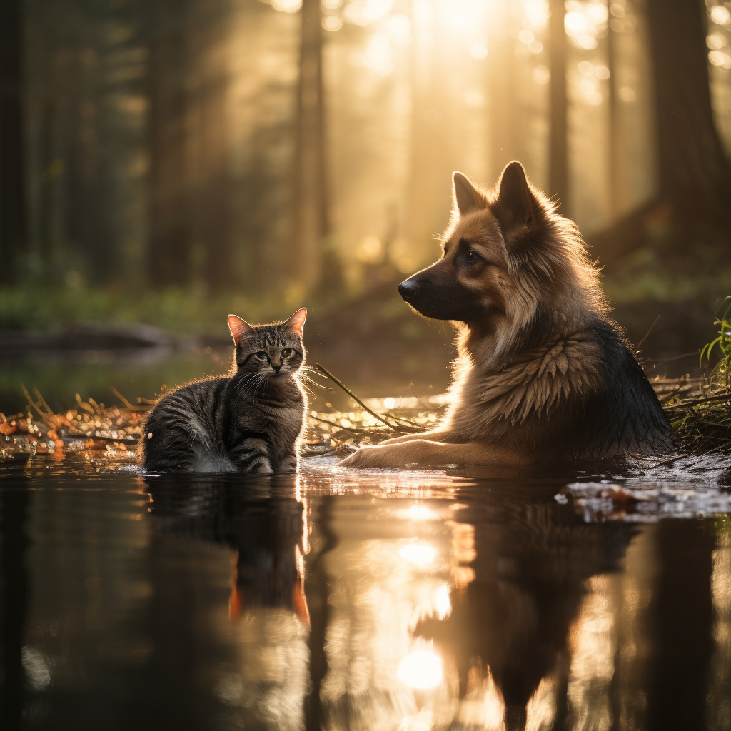 German Shepherd and Cat in Forest Fog