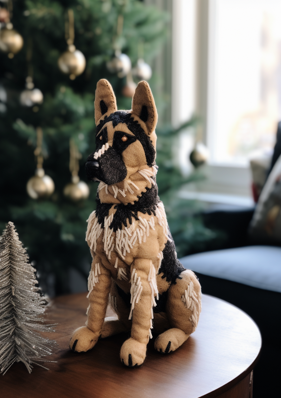 Adorable German Shepherd by Christmas tree