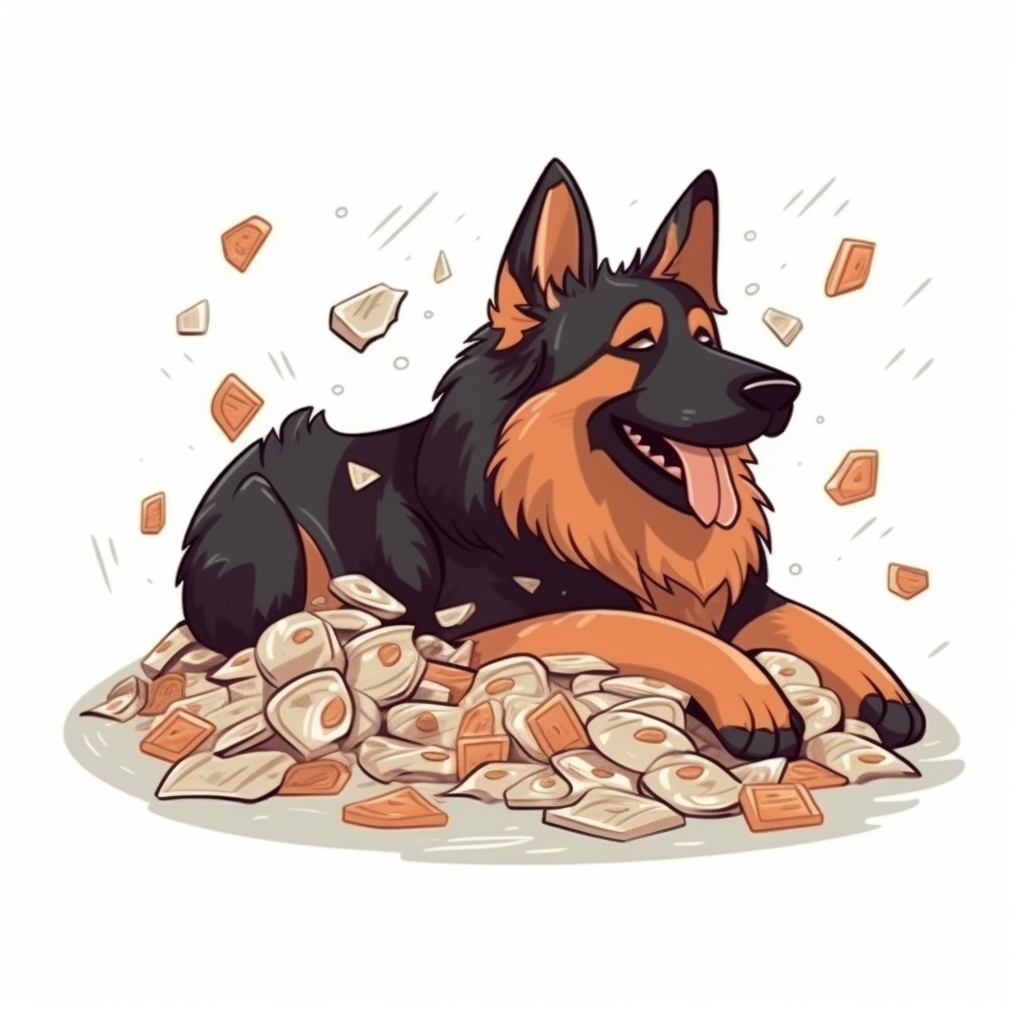 German shepherd cartoon money pile