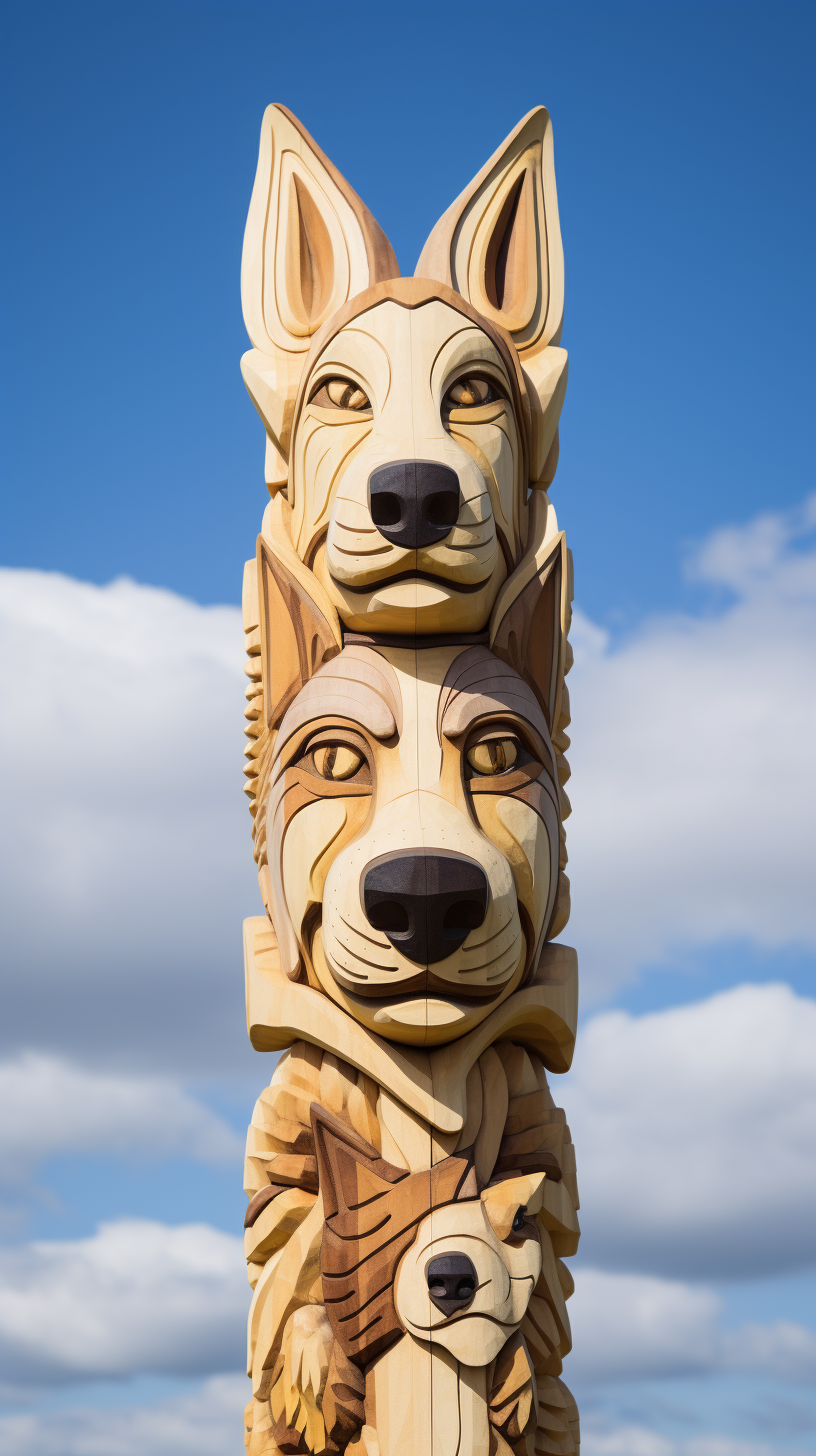 German Shepherd and Retriever Totem Pole in meadows