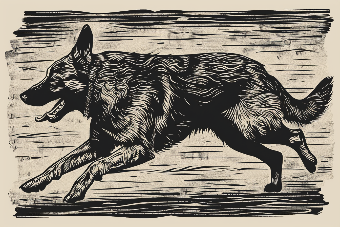 German Shepherd running woodcut style