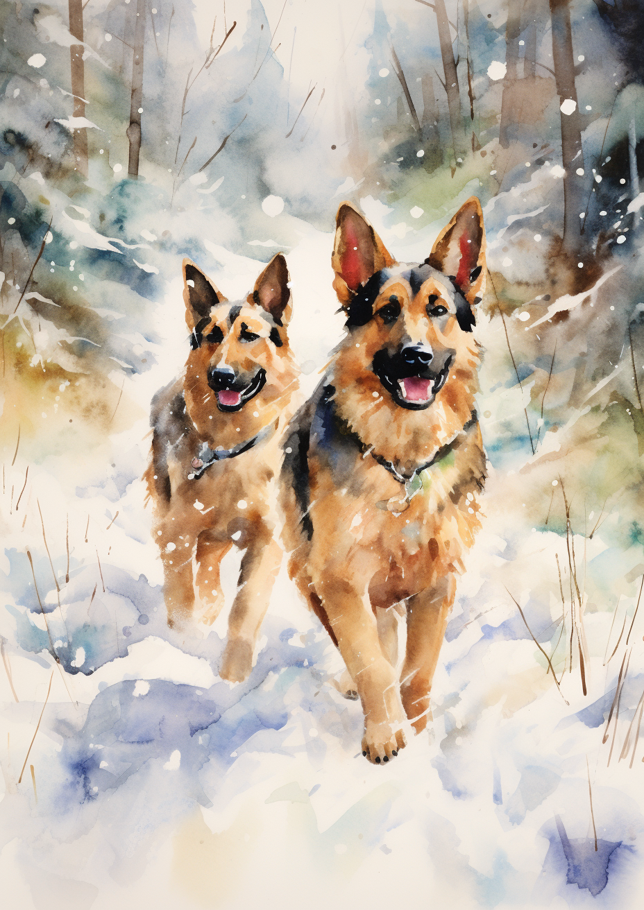 German Shepherds playing in winter wonderland