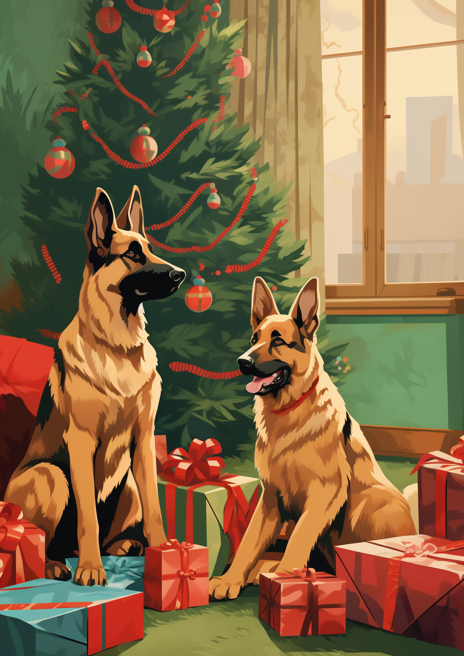 German Shepherds by the Christmas Tree