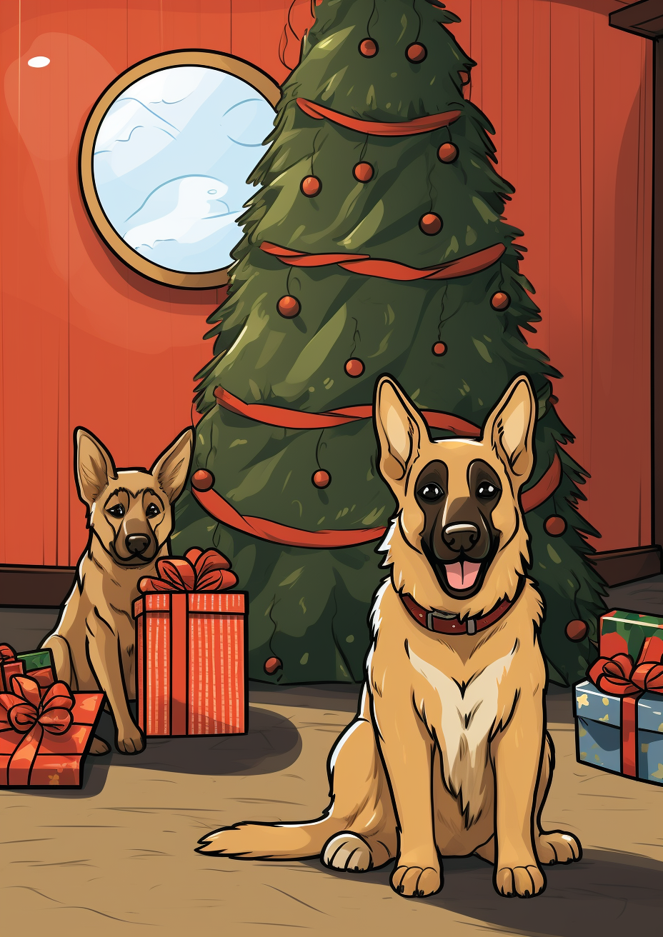 German Shepherds near Christmas Tree