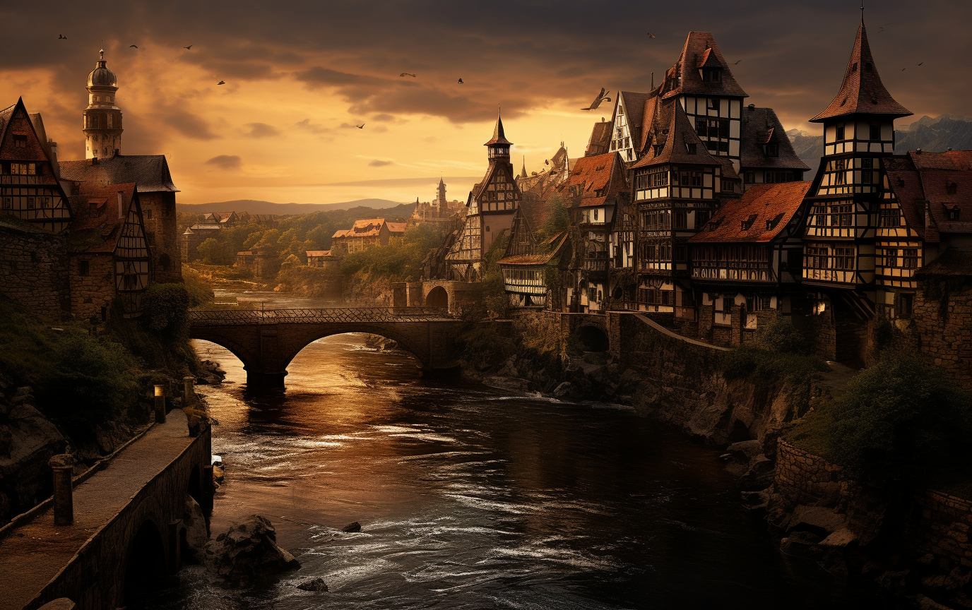 German town bridge at dusk surrounded by fairytale-inspired landscape