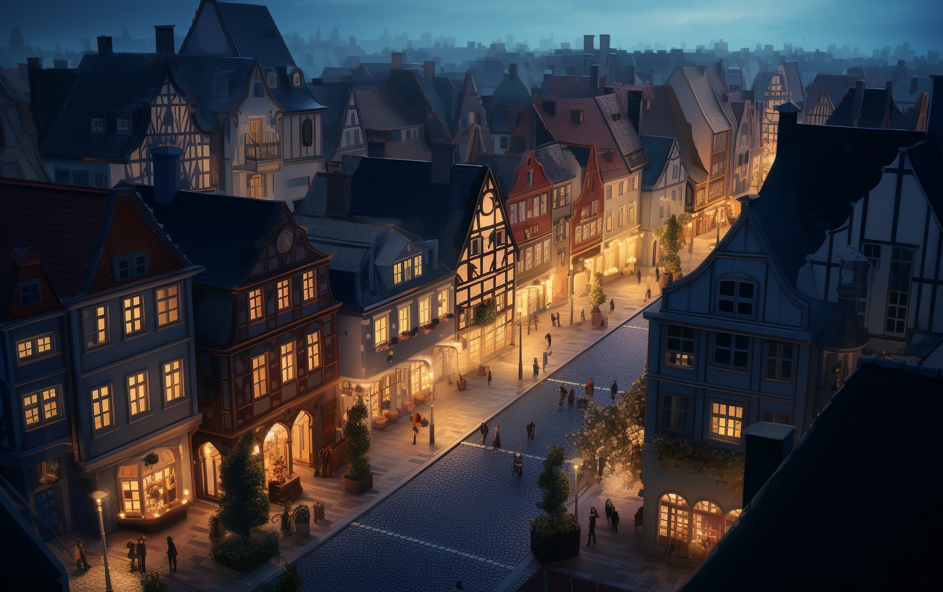 Aerial view of modern German town at twilight