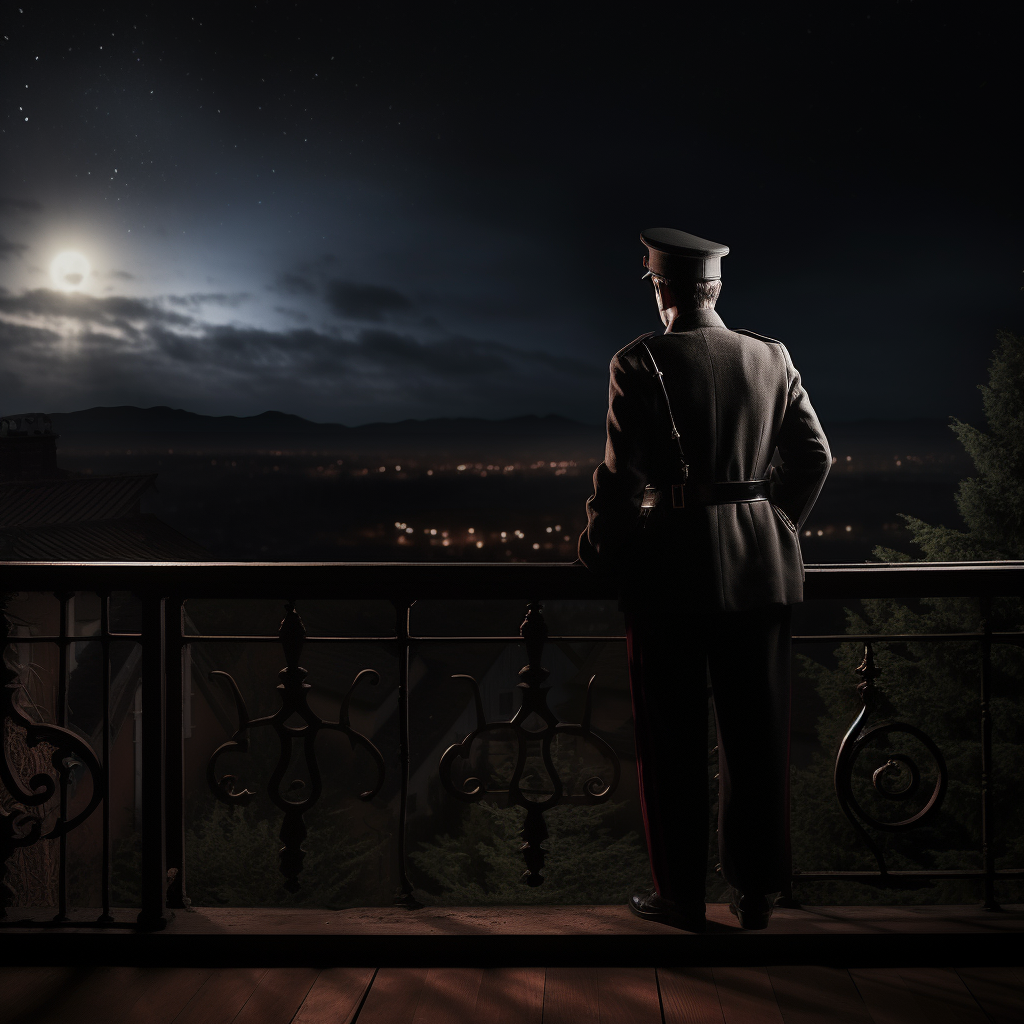 German WW2 officer on balcony at night