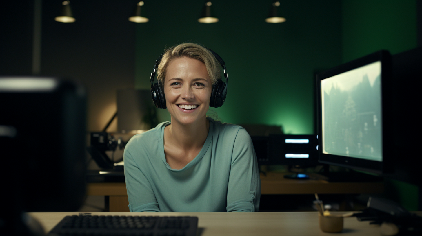 Happy German Woman Talking at Desk