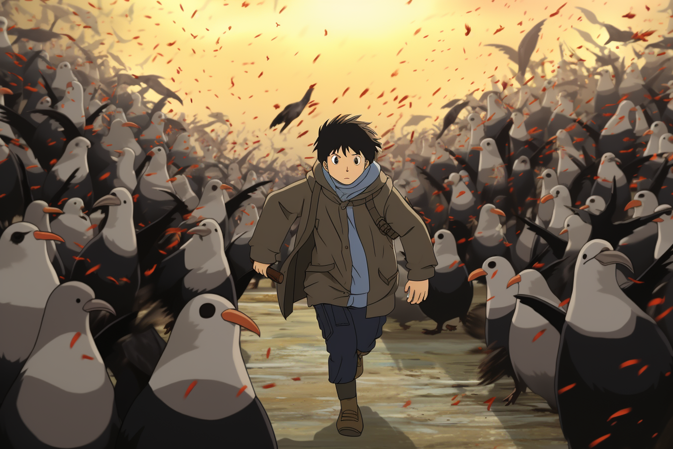 Ghibli anime character defeating penguin in battle