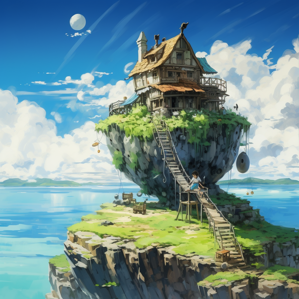 Ghibli flying house cat rock