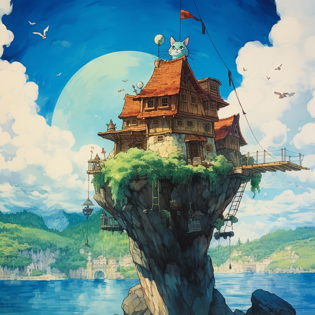 Ghibli Style Flying House Cat Rock