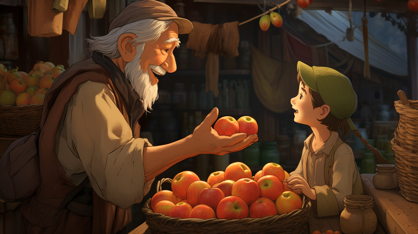 Grateful old man receiving apples