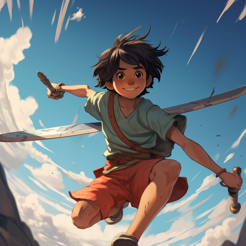 Boy on a Flying Machete in Studio Ghibli Style