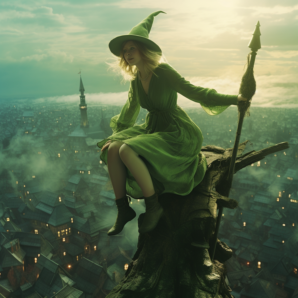 Green-Elf Teen Witch Riding Broom over Medieval City