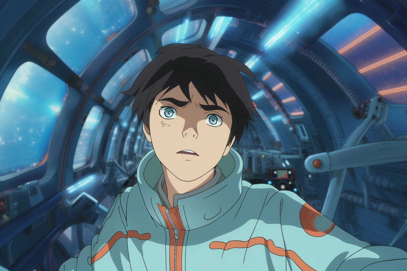 Young adult male in blue sweater driving spacecraft