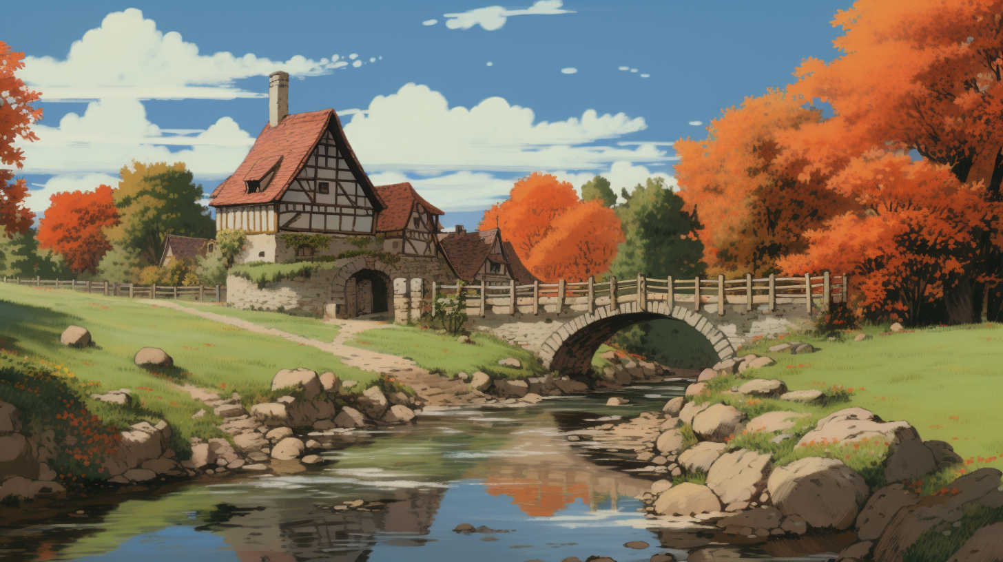 Beautiful autumn village scenery in Ghibli anime